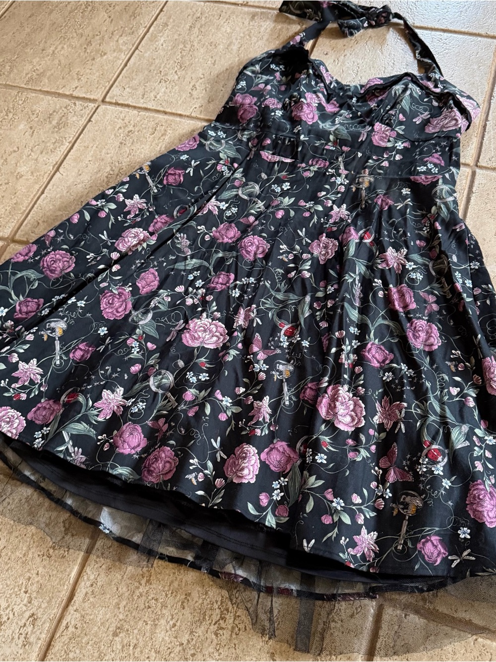 Hot Topic Retro Halter Sundress XXL Black Flowers Insects Whimsigoth Rockabilly - Picture 5 of 10